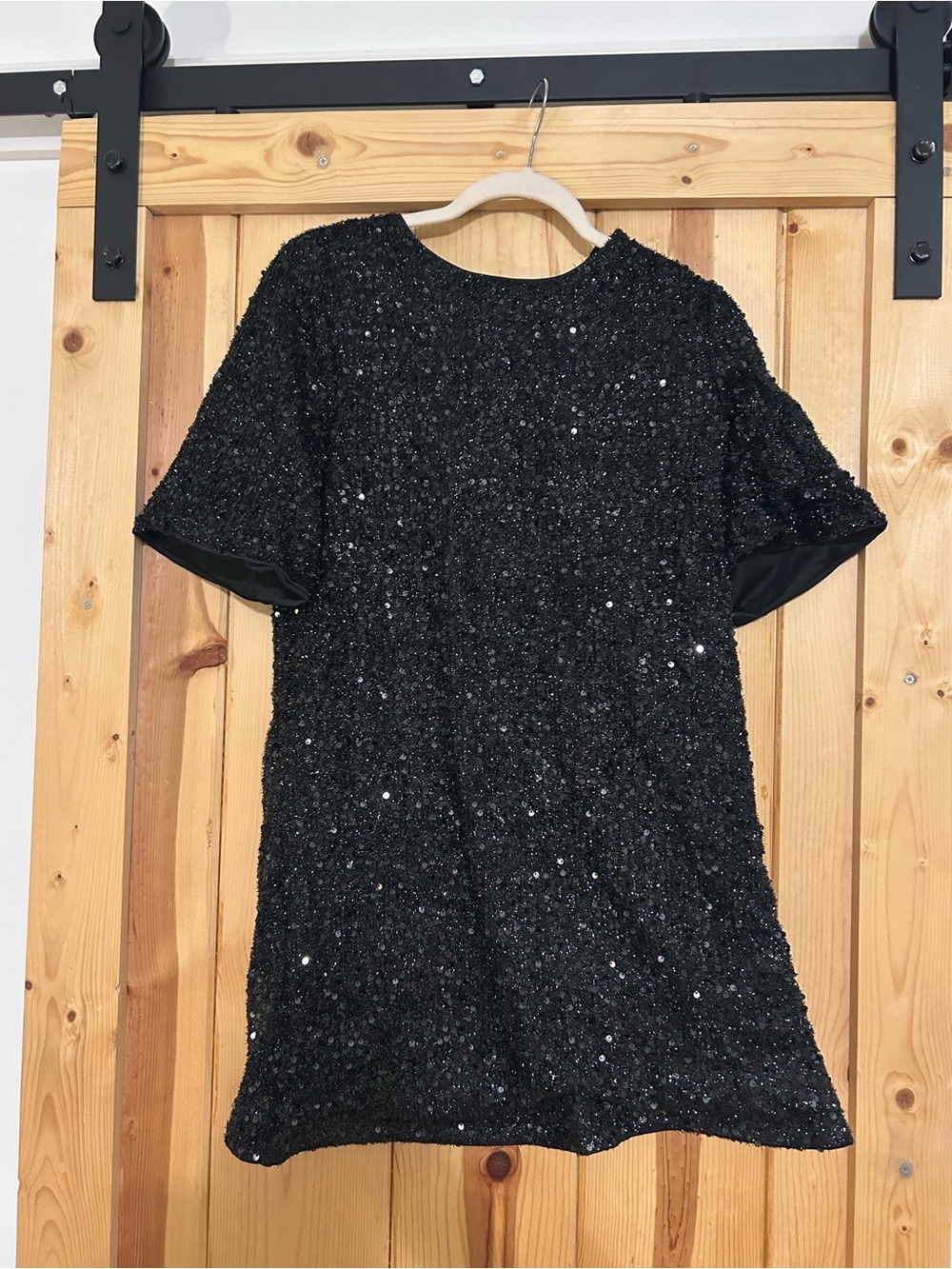 Black Sequin Short Sleeve Shift Dress
